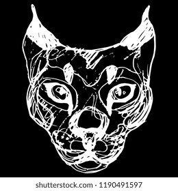 Isolated vector illustration. Stylized face of a Caracat hybrid cat. Hand drawn linear doodle ink sketch. White silhouette on black background.