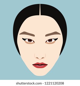 Isolated vector illustration. Stylized face of a beautiful Korean girl. Flat cartoon style. On blue background.