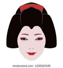 Isolated vector illustration. Stylized face of a beautiful Japanese girl in traditional ethnic fashion. Flat cartoon style.