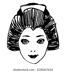 Isolated vector illustration. Stylized face of a beautiful Japanese girl in traditional ethnic fashion. Hand drawn linear doodle sketch. Black silhouette on white background.
