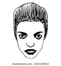 Isolated vector illustration. Stylized face of a beautiful African girl. Hand drawn linear doodle sketch. Black silhouette on white background.