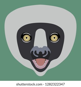 Isolated vector illustration. Stylized face of lemur Coquerel's sifaka. (Propithecus verreauxi). Flat cartoon style. 
