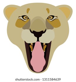 Isolated vector illustration. Stylized face of a grinning lioness. Flat cartoon style.