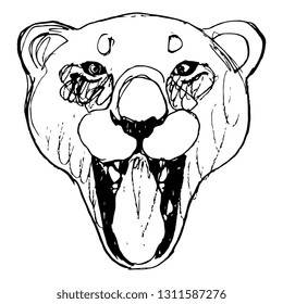 Isolated vector illustration. Stylized face of a grinning lioness. Hand drawn linear doodle sketch. Black silhouette on white background.