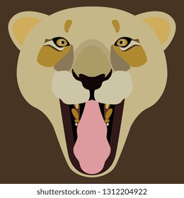Isolated vector illustration. Stylized face of a grinning lioness. Flat cartoon style. 