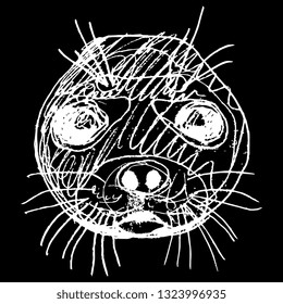 Isolated vector illustration. Stylized face of a seal. Hand drawn linear doodle sketch. White silhouette on black background. Scratch art style.