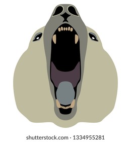 Isolated vector illustration. Stylized face of an angry roaring polar bear with open mouth. Flat cartoon style.