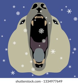 Isolated vector illustration. Stylized face of a roaring polar bear under snowflakes. Flat cartoon style. On blue background.