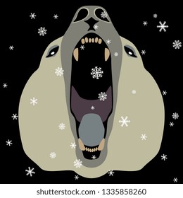 Isolated vector illustration. Stylized face of a roaring polar bear under snowflakes. Flat cartoon style. On black background