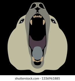 Isolated vector illustration. Stylized face of an angry roaring polar bear with open mouth. Flat cartoon style. On black background.