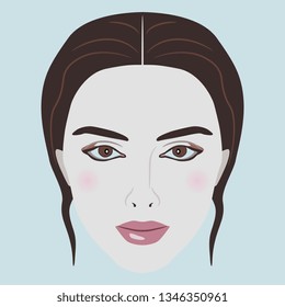 Isolated vector illustration. Stylized face of a beautiful white girl. Flat cartoon style.