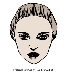 Isolated vector illustration. Stylized face of a beautiful white girl. Hand drawn art.