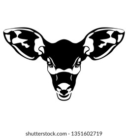 Isolated vector illustration. Stylized face of African Bongo antelope. Tragelaphus eurycerus. Black and white silhouette. Logo style.