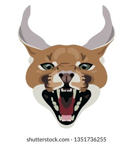 Isolated vector illustration. Stylized face of an angry Caracal cat. Flat cartoon style.