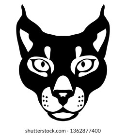 Isolated vector illustration. Stylized face of a caracal wild cat. Black and white flat silhouette. Logo style.
