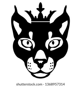 
Isolated vector illustration. Stylized face of a caracat or caracal cat in a crown. Black and white flat silhouette. Logo style.
