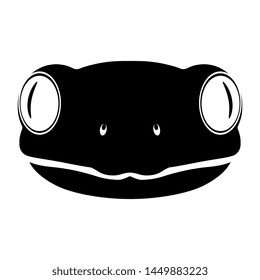 Isolated vector illustration. Stylized face of a frog. Flat cartoon style. Funny animal character. Black and white silhouette.