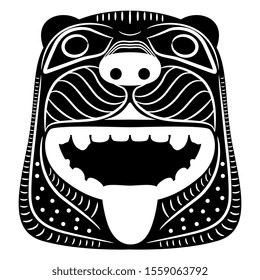 Isolated vector illustration. Stylized face of a lion. Ancient Greek pottery decor. Black and white silhouette.