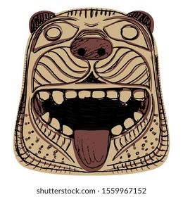 Isolated vector illustration. Stylized face of a lion. Ancient Greek pottery decor. Hand drawn colored sketch.
