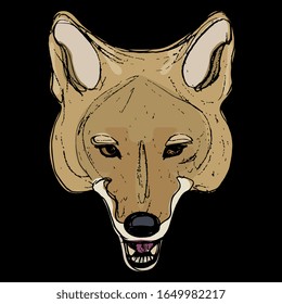 Isolated vector illustration. Stylized face of coyote. (Canis latrans). Native American wolf. Hand drawn colorful sketch. On black background.