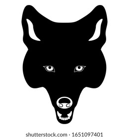  Ilustración vectorial aislada. Cara estilizada de coyote. (Canis latrans). Lobo nativo americano. Silueta en blanco y negro.