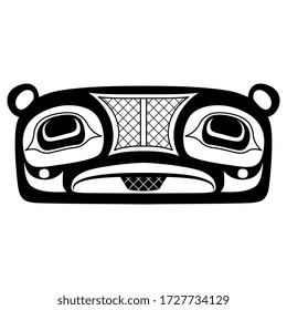 Isolated vector illustration. Stylized face of totem bear. Tribal animal decor. Native American folk art of Tlingit Indians. Black and white silhouette.