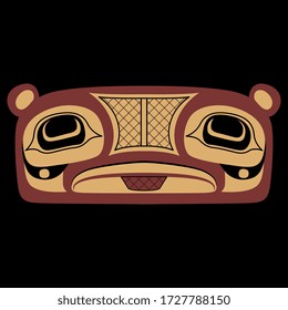 Isolated vector illustration. Stylized face of totem bear. Tribal animal decor. Native American folk art of Tlingit Indians.