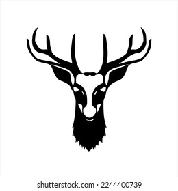 Isolated vector illustration. Stylized face of a christmas deer. Black and white silhouette. Flat cartoon style. A deer's head with antlers on it's head, black and white, on a white background