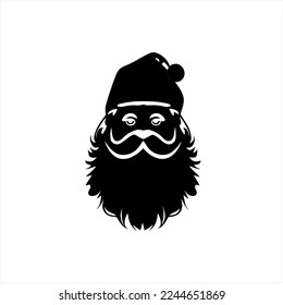 Isolated vector illustration. Stylized face of a Santa Claus. Black and white silhouette. Flat cartoon style. A black and white silhouette of a santa claus with a beard and a santa hat on it's head