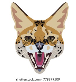 Isolated vector illustration. Stylized face of serval. Flat cartoon style.