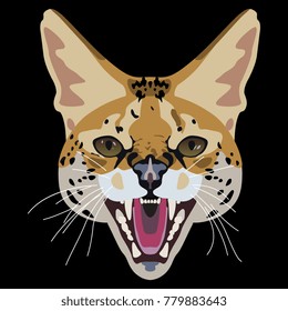 Isolated vector illustration. Stylized face of serval. Flat cartoon style.