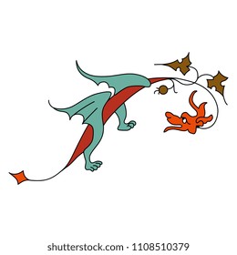 Isolated vector illustration of a stylized fantastic winged dragon with floral elements. Based on medieval motif from Gothic illuminated manuscript.