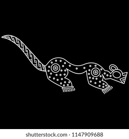 Isolated vector illustration. Stylized fantastic jaguar. Based in ancient Indian art of Costa Rica. White linear silhouette on black background.