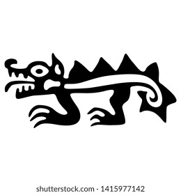 Isolated vector illustration. Stylized fantastic animal. Dragon, crocodile or caiman. Ancient Peruvian tribal motif of Mochica Indians. Black and white silhouette.