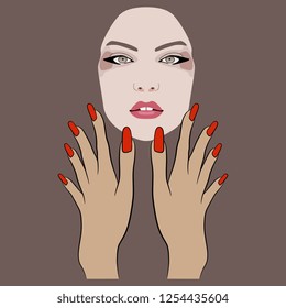 
Isolated vector illustration. Stylized female face with makeup and two beautiful hands with long red nails. Flat cartoon style.
