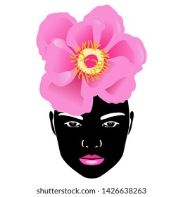 Isolated vector illustration. Stylized female face with with bright pink lipstick and hair as a beautiful flower.