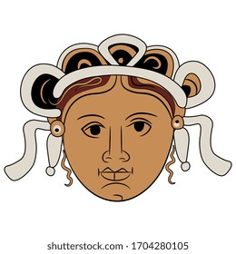 Isolated vector illustration. Stylized female face in a wreath or crown. Ancient Greek vase painting decor.
