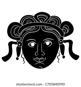 Isolated vector illustration. Stylized female face in a wreath or crown. Antique woman or goddess. Ancient Greek decor. Black and white silhouette.
