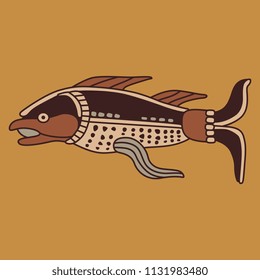 Isolated vector illustration of stylized fish. Based on ancient ethnic motif of Maya Indians.