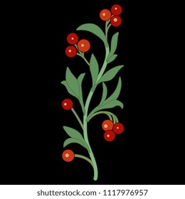 Isolated vector illustration. Stylized floral branch with red berries. Folk style. On black background.