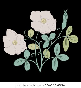 Isolated vector illustration. Stylized floral branch. Wild rose. Folk style. On black background.