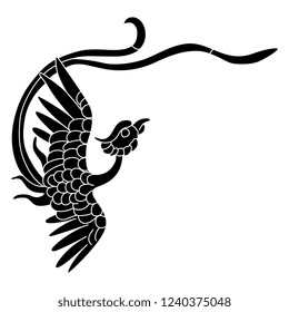 Isolated vector illustration. Stylized flying phoenix bird. Ancient Chinese traditional ethnic motif. Black and white linear silhouette.