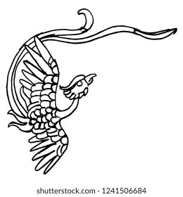 Isolated vector illustration. Stylized flying phoenix bird. Ancient Chinese traditional ethnic motif. Black and white linear silhouette. Hand drawn doodle sketch.