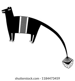 Isolated vector illustration. Stylized funny animal with long tail. Ancient Native American Mogollon Mimbres culture motif. Black silhouette on white background.