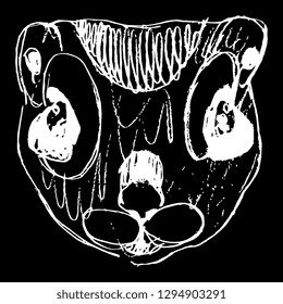 Isolated Vector Illustration. Stylized Funny Face Of A Siberian Or Russian Flying Squirrel. (Pteromys Volans). Hand Drawn Linear Doodle Sketch. White Silhouette On Black Background. Scratch Art Style.