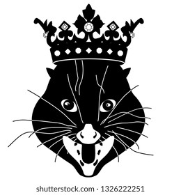 Isolated vector illustration. Stylized funny face of opossum in crown. Black and white flat silhouette. Logo style.