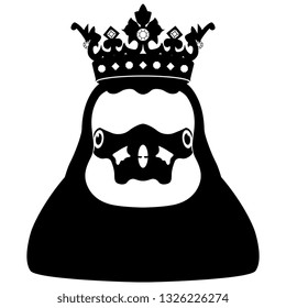 Isolated vector illustration. Stylized funny face of a goldfinch bird in a crown. Black and white flat silhouette. Logo style.