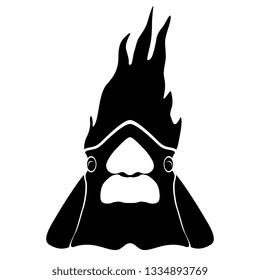 Isolated vector illustration. Stylized funny face of a cardinal bird. Black and white silhouette. Flat cartoon style.