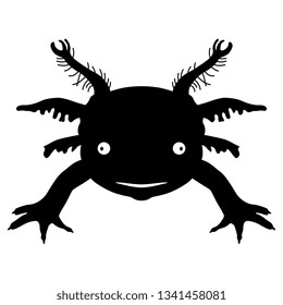 Isolated vector illustration. Stylized funny face of an axolotl. Mexican walking fish. Neotenic fire salamander. Black silhouette on white background.