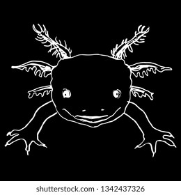 Isolated vector illustration. Stylized funny face of an axolotl. Mexican walking fish. Neotenic fire salamander. Hand drawn linear doodle ink sketch. White silhouette on black background.
